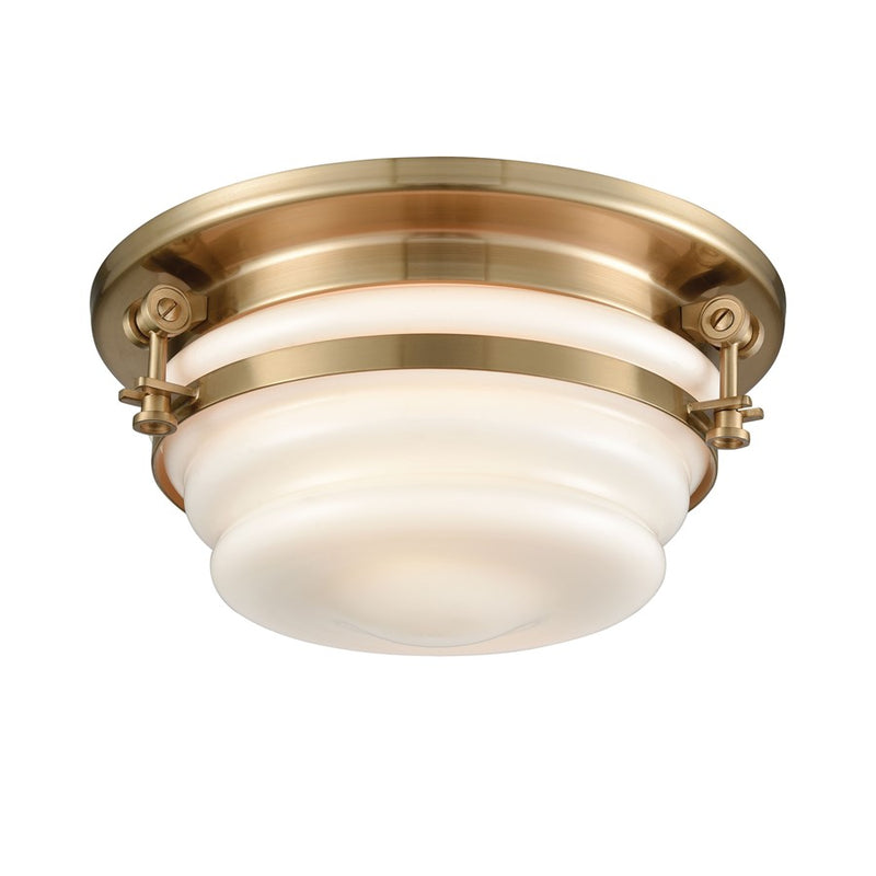 Atlas Lighting Riley 12in 2-Light Flush Mount | Transitional Satin Brass and White Glass | Entryway & Hallway | 12 x 12 x 6 in | Model CL12412-BS