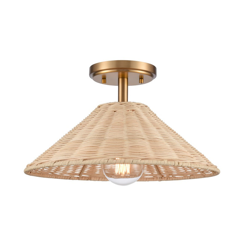 Atlas Lighting Rydell 14in 1-Light Semi-Flush Mount | Transitional Brushed Gold and Natural Rattan | Entryway & Hallway | Model CL12419-GD