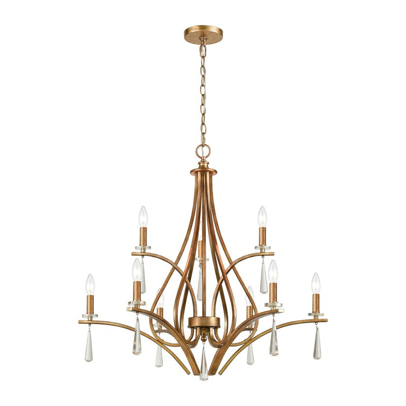 Atlas Lighting Katania 30in 9-Light Chandelier | Transitional Antique Gold Metal and Clear Crystal | Dining Room & Foyer | Model CL12533-GD