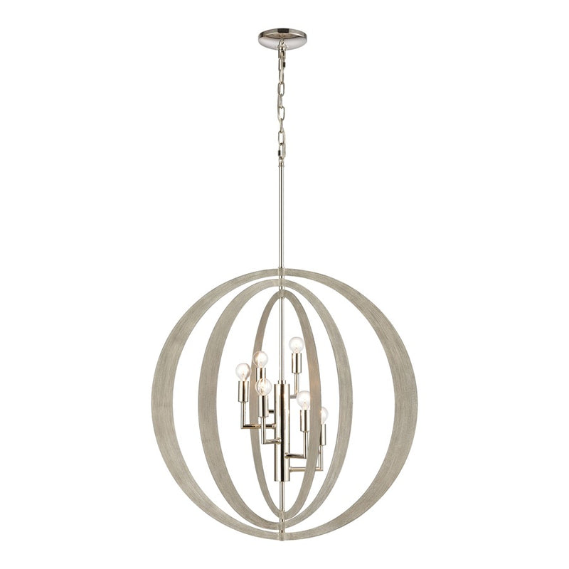 Atlas Lighting Retro Rings 26in 6-Light Chandelier | Mid-Century Polished Nickel and Sandy Beechwood | Dining Room & Living Room | Model CL12536-NK