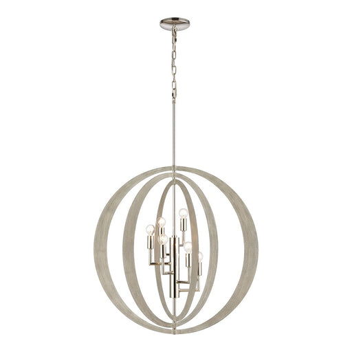 Atlas Lighting Retro Rings 26in 6-Light Chandelier | Mid-Century Polished Nickel and Sandy Beechwood | Dining Room & Living Room | Model CL12536-NK