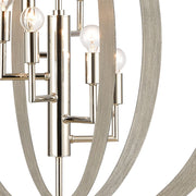 Atlas Lighting Retro Rings 26in 6-Light Chandelier | Mid-Century Polished Nickel and Sandy Beechwood | Dining Room & Living Room | Model CL12536-NK
