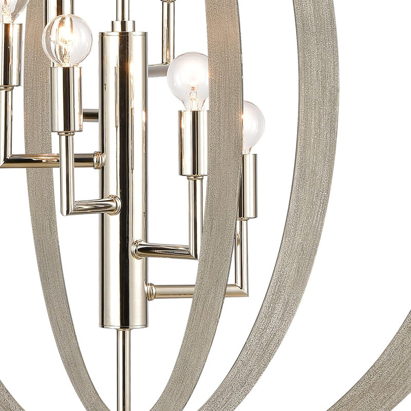 Atlas Lighting Retro Rings 26in 6-Light Chandelier | Mid-Century Polished Nickel and Sandy Beechwood | Dining Room & Living Room | Model CL12536-NK