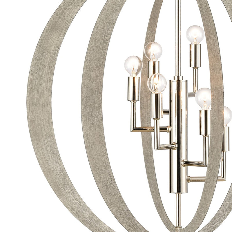 Atlas Lighting Retro Rings 26in 6-Light Chandelier | Mid-Century Polished Nickel and Sandy Beechwood | Dining Room & Living Room | Model CL12536-NK