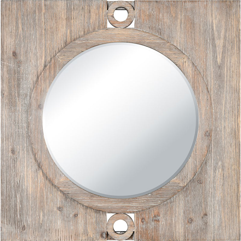 Atlas Lighting Nollen 34in Round Wall Mirror | Transitional Weathered Brown Wood Frame | Entryway & Living Room Accent | Model MI11069-01