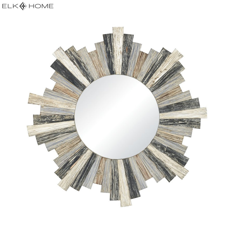 Atlas Lighting Chatham Light 31.5in Round Wall Mirror | Rustic Gray Wood Sunburst Frame | Entryway & Living Room Accent | Model MI11100-01