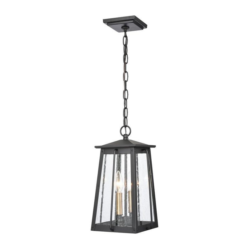 Atlas Lighting Kirkdale 9in 2-Light Outdoor Pendant | Transitional Matte Black and Natural Brass with Clear Seeded Glass | Covered | Model OL11035-BK