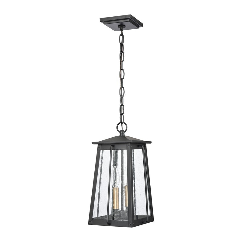 Atlas Lighting Kirkdale 9in 2-Light Outdoor Pendant | Transitional Matte Black and Natural Brass with Clear Seeded Glass | Covered | Model OL11035-BK