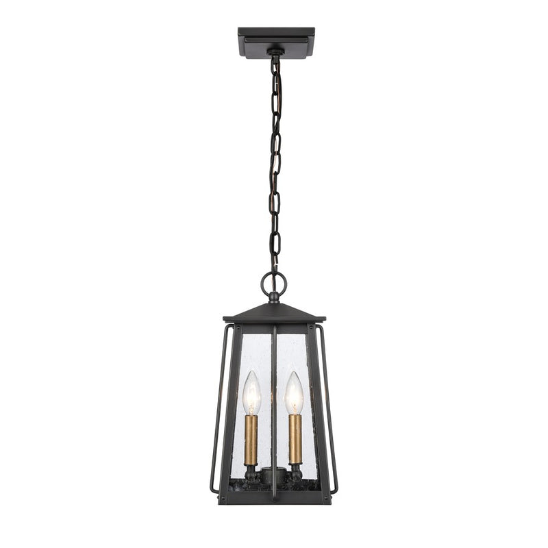 Atlas Lighting Kirkdale 9in 2-Light Outdoor Pendant | Transitional Matte Black and Natural Brass with Clear Seeded Glass | Covered | Model OL11035-BK