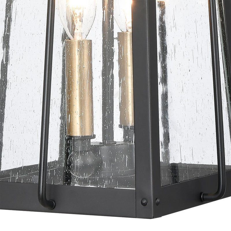 Atlas Lighting Kirkdale 9in 2-Light Outdoor Pendant | Transitional Matte Black and Natural Brass with Clear Seeded Glass | Covered | Model OL11035-BK