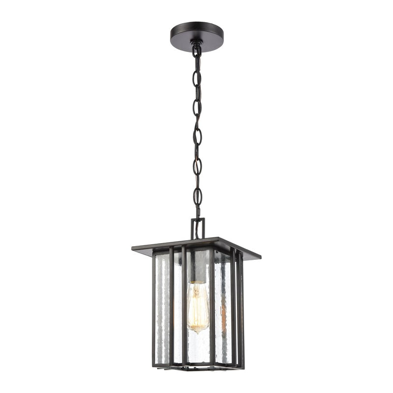 Atlas Lighting Radnor 8in 1-Light Outdoor Pendant | Transitional Matte Black and Clear Seeded Glass | Covered Porch & Entryway | Model OL11042-BK