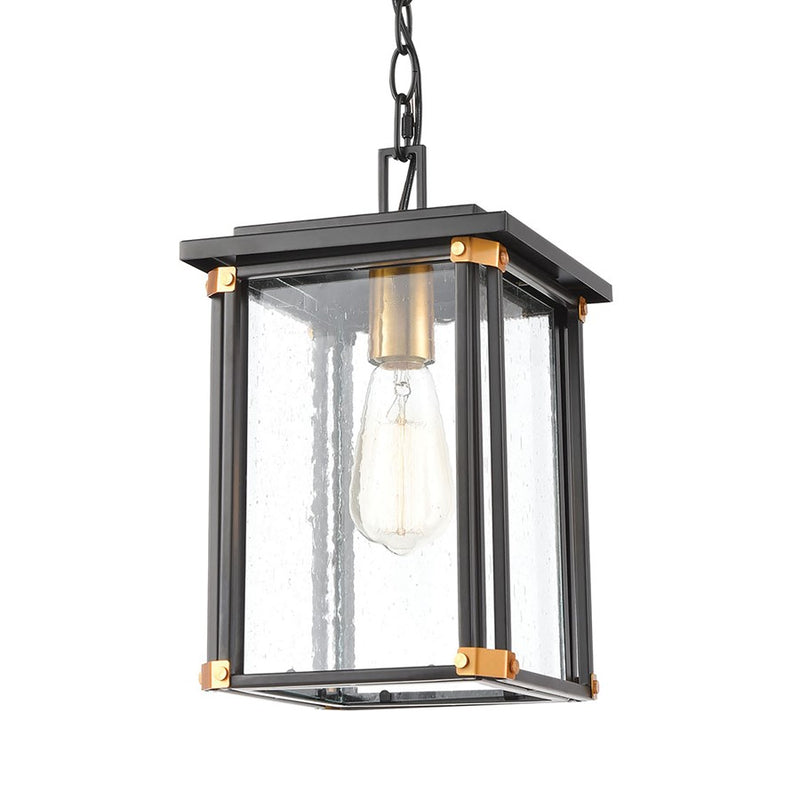 Atlas Lighting Vincentown 8in 1-Light Outdoor Pendant | Transitional Matte Black and Brushed Brass with Clear Seeded Glass | Model OL11050-BK