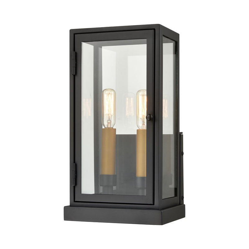 Atlas Lighting Foundation 7in 2-Light Outdoor Sconce | Transitional Matte Black and Aged Brass Metal with Clear Glass | Entryway | Model OL11140-BK