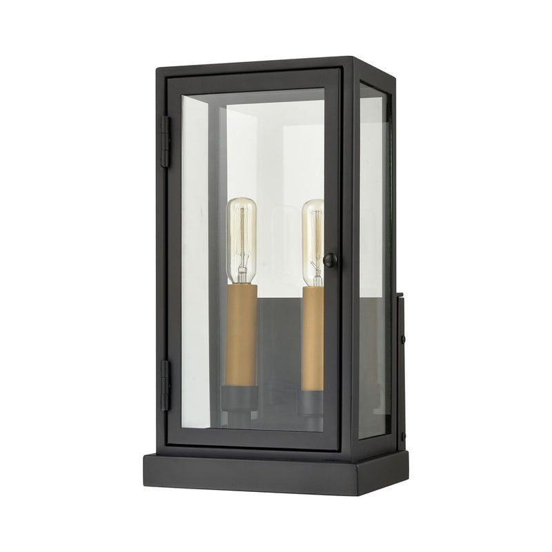 Atlas Lighting Foundation 7in 2-Light Outdoor Sconce | Transitional Matte Black and Aged Brass Metal with Clear Glass | Entryway | Model OL11140-BK