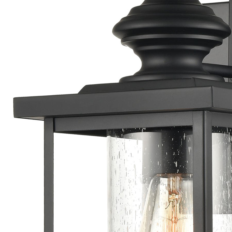 Atlas Lighting Minersville 17in 1-Light Outdoor Sconce | Transitional Matte Black and Clear Seeded Glass | Covered Porch | Model OL11182-BK
