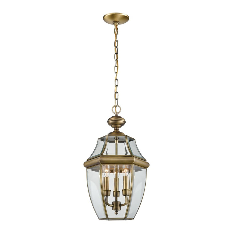 Atlas Lighting Ashford 12in 3-Light Outdoor Pendant | Traditional Antique Brass and Clear Glass | Porch & Patio | 12 x 12 x 21 in | Model OL11387-BS
