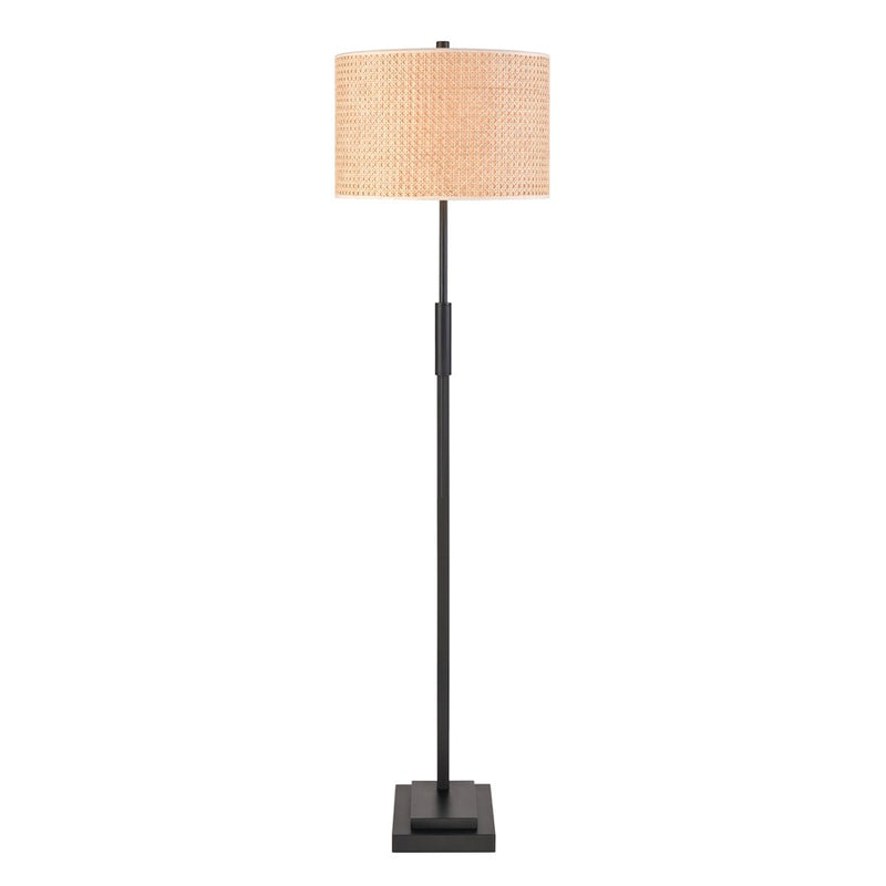 Atlas Baitz 62in Floor Lamp | Transitional Matte Black Metal and Natural Rattan Drum Shade | Living Room & Bedroom | Model PL11001-BK