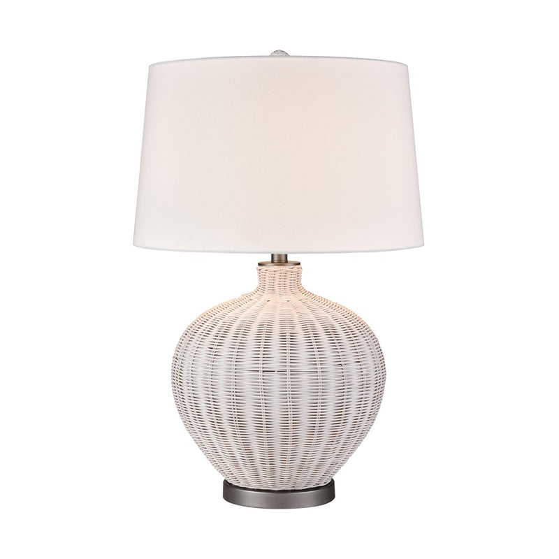 Atlas Lighting Brinley 29in 1-Light Table Lamp | Transitional White Rattan and Pewter Metal with White Linen Shade | Living Room | Model PL11042-WH