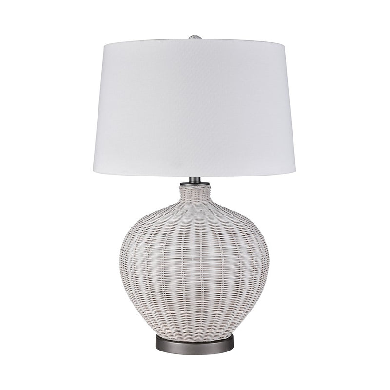 Atlas Lighting Brinley 29in 1-Light Table Lamp | Transitional White Rattan and Pewter Metal with White Linen Shade | Living Room | Model PL11042-WH