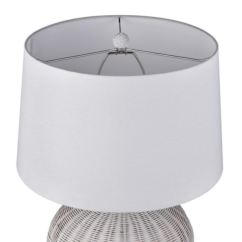 Atlas Lighting Brinley 29in 1-Light Table Lamp | Transitional White Rattan and Pewter Metal with White Linen Shade | Living Room | Model PL11042-WH