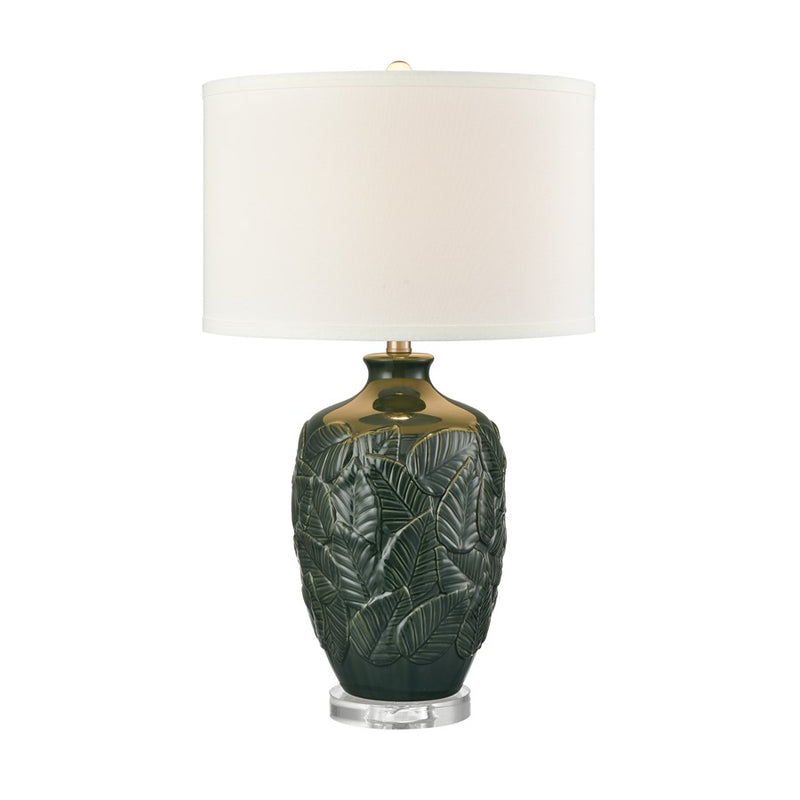 Atlas Lighting Goodell 16in 1-Light Table Lamp | Dark Green Earthenware and White Fabric Shade | Living Room & Bedroom | Model PL11061-GN