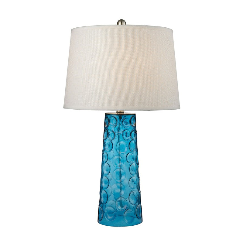 Atlas Lighting Hammered Glass 27in 1-Light Table Lamp | Transitional Blue Glass and White Fabric Shade | Living Room & Bedroom | Model PL11064-BL