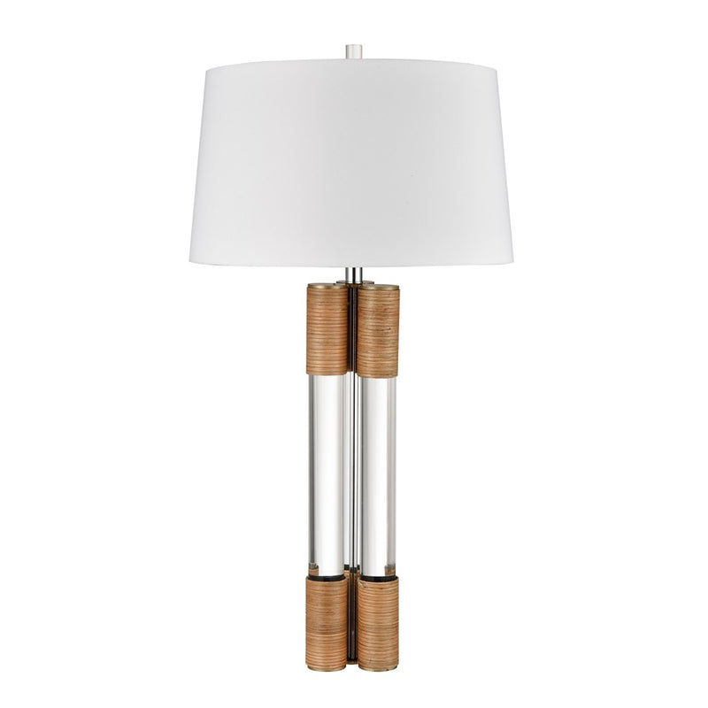 Atlas Lighting Island Gate 19in 1-Light Table Lamp | Clear Acrylic and Natural Rattan with White Linen Shade | Living Room | Model PL11068-CL