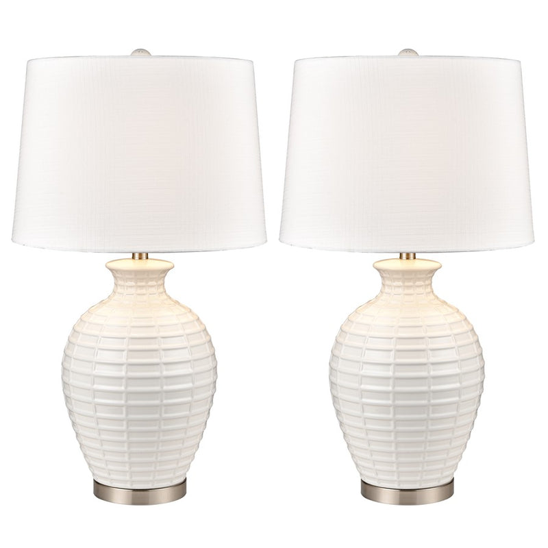 Atlas Lighting Junia 28in 1-Light Table Lamp Set of 2 | White Glazed Earthenware and Satin Nickel | Living Room & Bedroom | Model PL11073-WHS