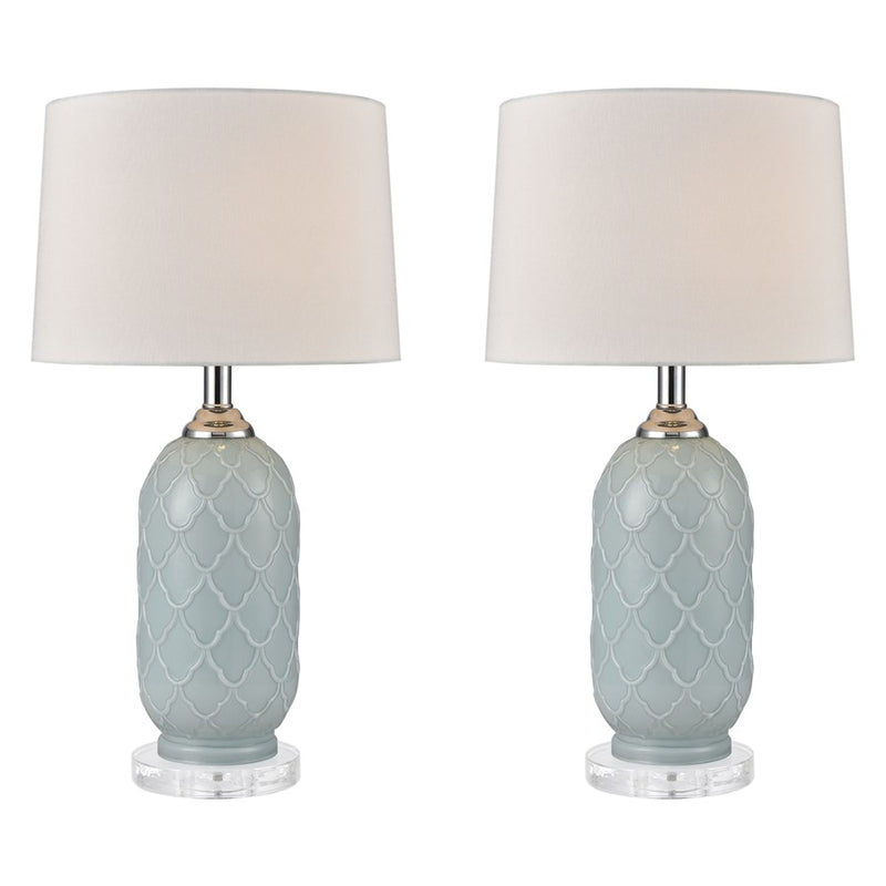 Atlas La Joliette 24in 2-Light Table Lamp Set of 2 | Modern Pale Blue Glass and White Fabric Shade | Living Room & Bedroom | Model PL11076-BLS