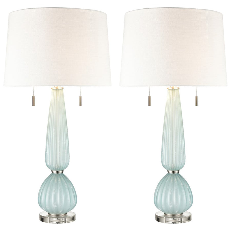 Atlas Lighting Mariani 17in 2-Light Table Lamp Set of 2 | Light Blue Glass and Silver Linen Shade | Bedroom & Living Room | Model PL11083-BLS