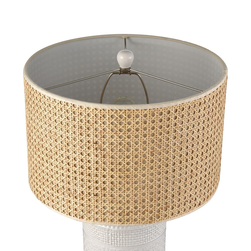 Atlas Lighting Seymour 15in 1-Light Table Lamp | White Glazed Earthenware and Natural Rattan Drum Shade | Living Room & Bedroom | Model PL11102-WH