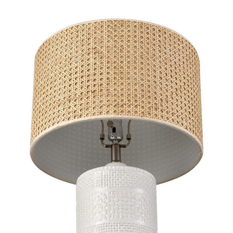 Atlas Lighting Seymour 15in 1-Light Table Lamp | White Glazed Earthenware and Natural Rattan Drum Shade | Living Room & Bedroom | Model PL11102-WH