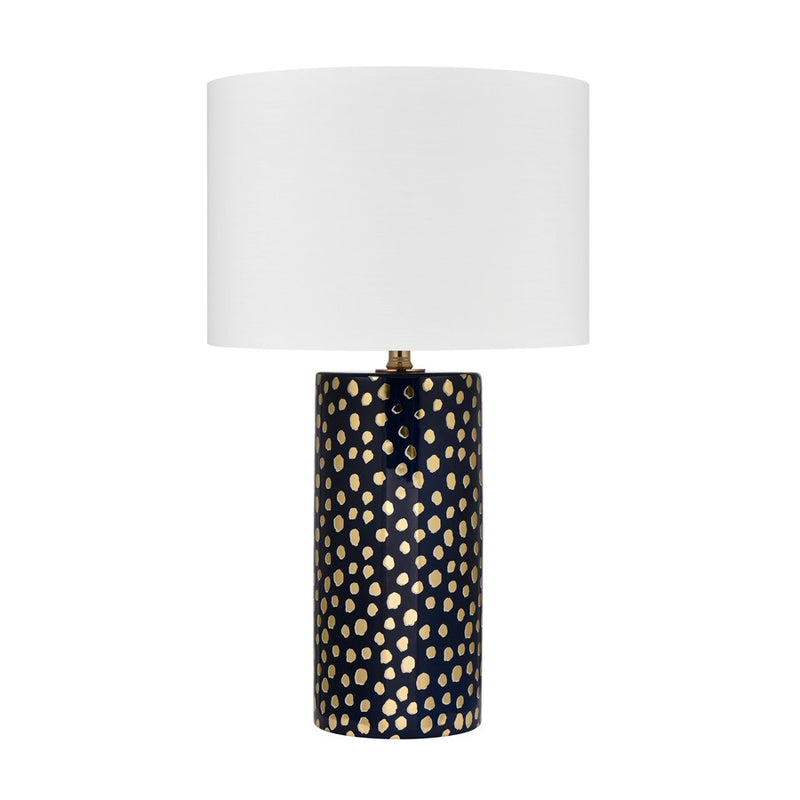 Atlas Lighting Signe 15in 1-Light Table Lamp | Navy Earthenware and Gold with White Fabric Drum Shade | Living Room & Bedroom | Model PL11104-BL