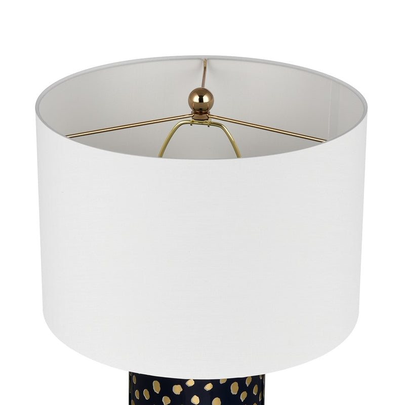 Atlas Lighting Signe 15in 1-Light Table Lamp | Navy Earthenware and Gold with White Fabric Drum Shade | Living Room & Bedroom | Model PL11104-BL