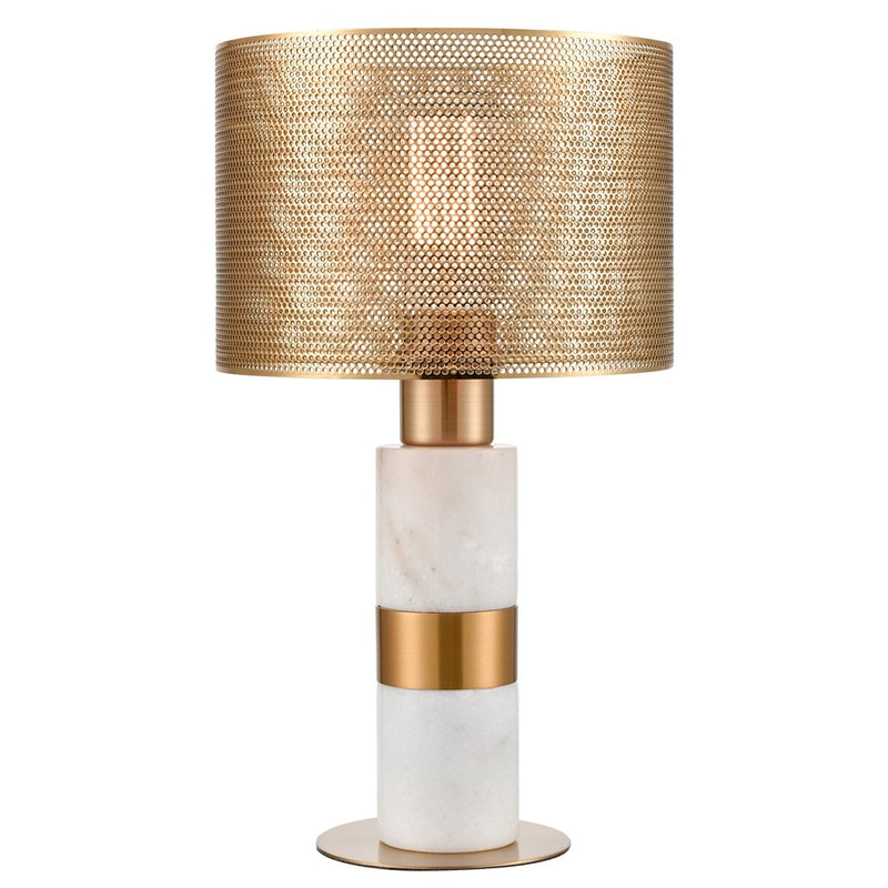 Atlas Lighting Sureshot 15in 1-Light Table Lamp | White Marble and Aged Brass Metal Shade | Living Room & Bedroom | 9 x 9 x 15 in | Model PL11106-WH