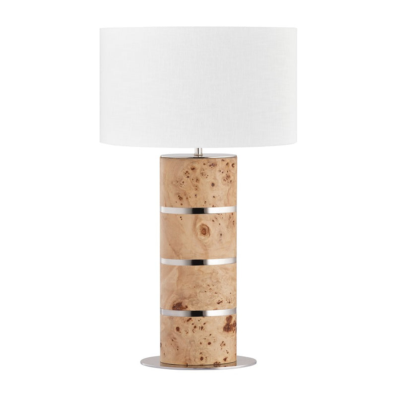 Atlas Lighting Cahill 28in 1-Light Table Lamp | Natural Burl Wood and Polished Nickel with White Fabric Oval Shade | Bedroom | Model PL11142-NA