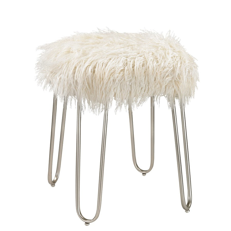 Atlas Lighting Betty 15in Round Vanity Stool | White Faux Fur on Silver Metal Frame | Bedroom & Vanity Seating | 15 x 15 x 20 in | Model SE11005-01