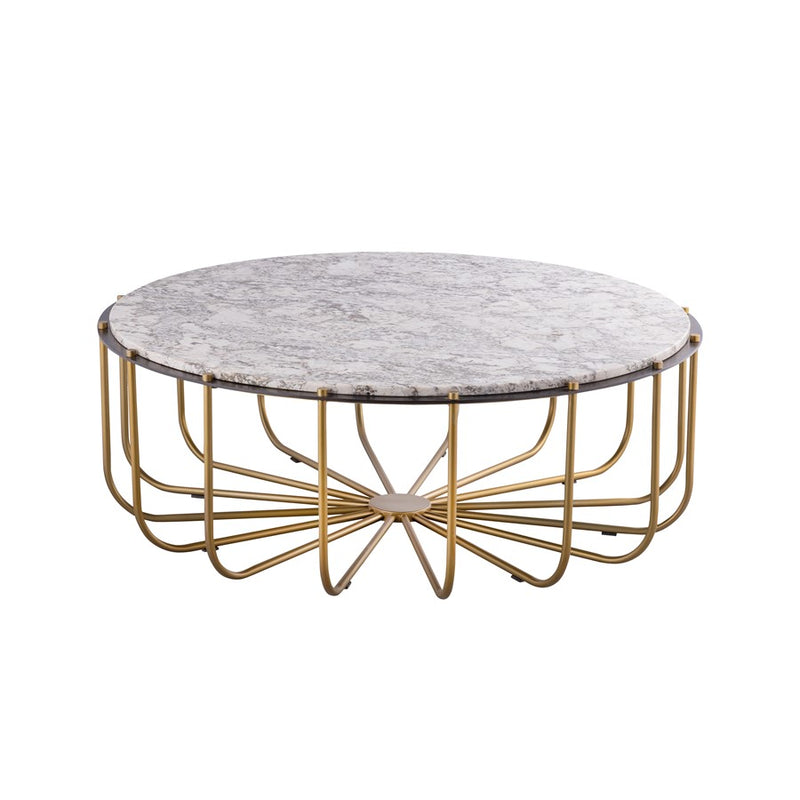 Atlas Demille 48in Round Coffee Table | Transitional Satin Brass Metal and Cream Stone | Living Room Centerpiece | 48 x 48 x 18 in | Model TA11066-01