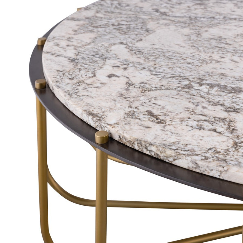 Atlas Demille 48in Round Coffee Table | Transitional Satin Brass Metal and Cream Stone | Living Room Centerpiece | 48 x 48 x 18 in | Model TA11066-01