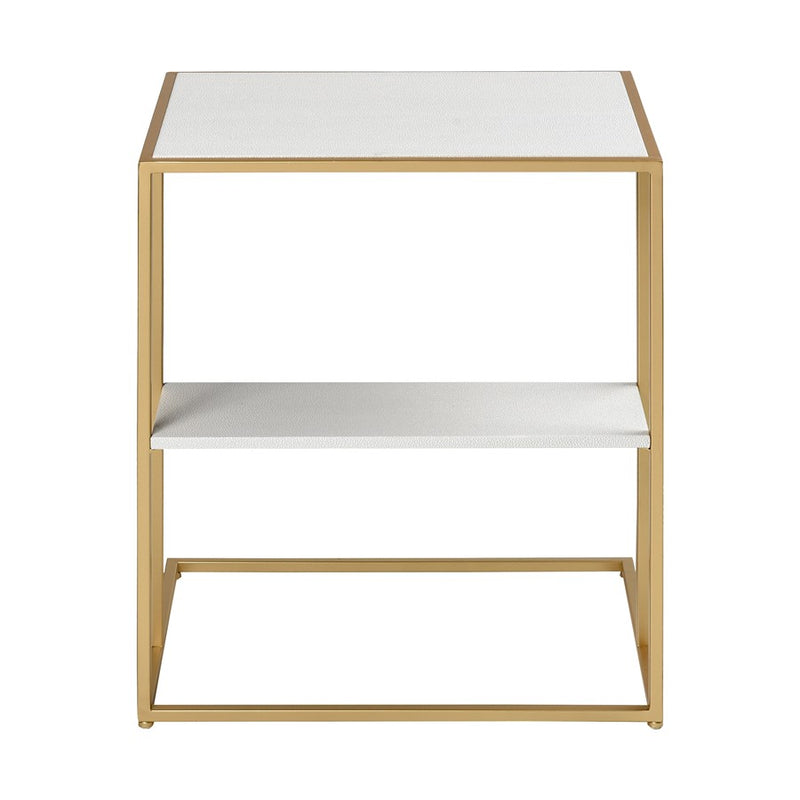 Atlas Lighting Fawley 20in Accent Table | Glam Gold Metal and White Faux Leather | Living Room & Bedroom Side Table | Model TA11075-01