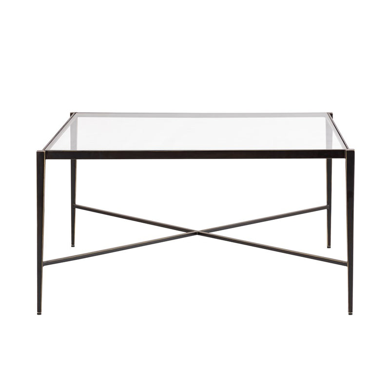 Atlas Lighting Leon 34in Square Coffee Table | Dark Bronze Metal & Clear Glass Top | Transitional Living Room | 34 x 34 x 18 in | Model TA11115-01