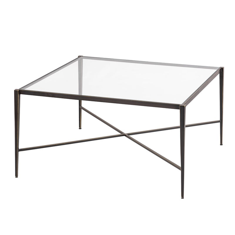 Atlas Lighting Leon 34in Square Coffee Table | Dark Bronze Metal & Clear Glass Top | Transitional Living Room | 34 x 34 x 18 in | Model TA11115-01