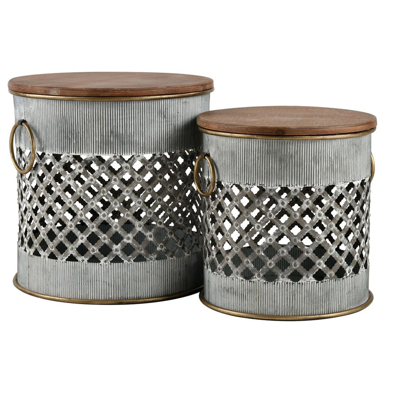 Atlas Lighting Parla Set of 2 Accent Tables | Galvanized Metal & Wood | Living Room & Bedroom Side Tables | 18 x 18 x 18 in | Model TA11138-01S