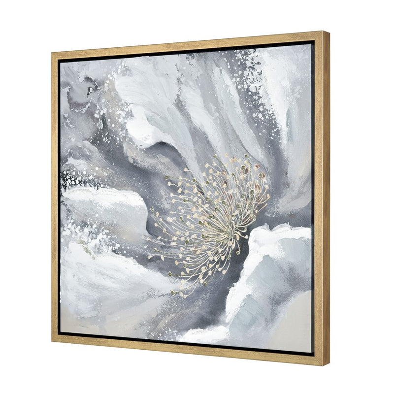 Atlas Lighting Bowie Bloom I 23.5in Square Framed Wall Art | Transitional Gray and White Fabric with Gold Frame | Living Room | Model WA11024-01