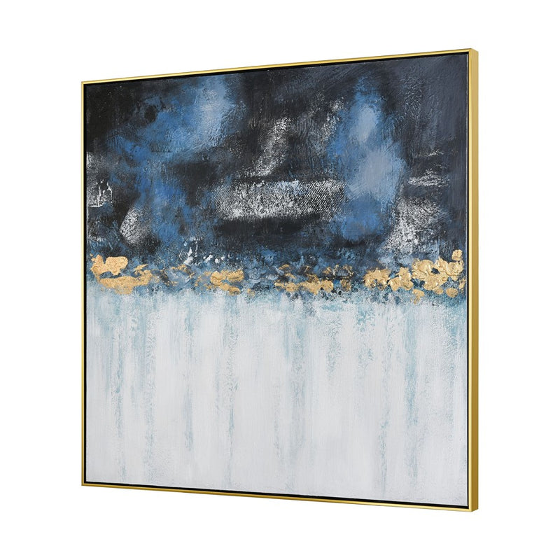 Atlas Living Blues 40in Framed Wall Art | Abstract Blue Charcoal Gold Leaf Canvas | Living Room & Bedroom Decor | 40 x 2 x 40 in | Model WA11083-01