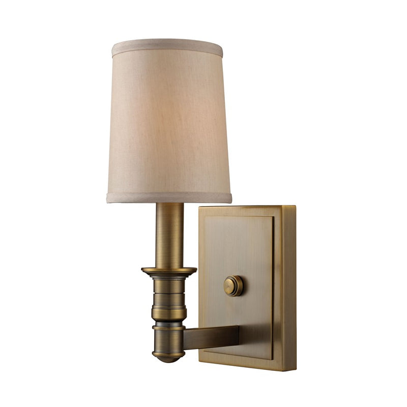 Atlas Lighting Baxter 11in 1-Light Sconce | Transitional Brushed Antique Brass and Beige Fabric | Bedroom & Hallway Wall Light | Model WL11030-BS