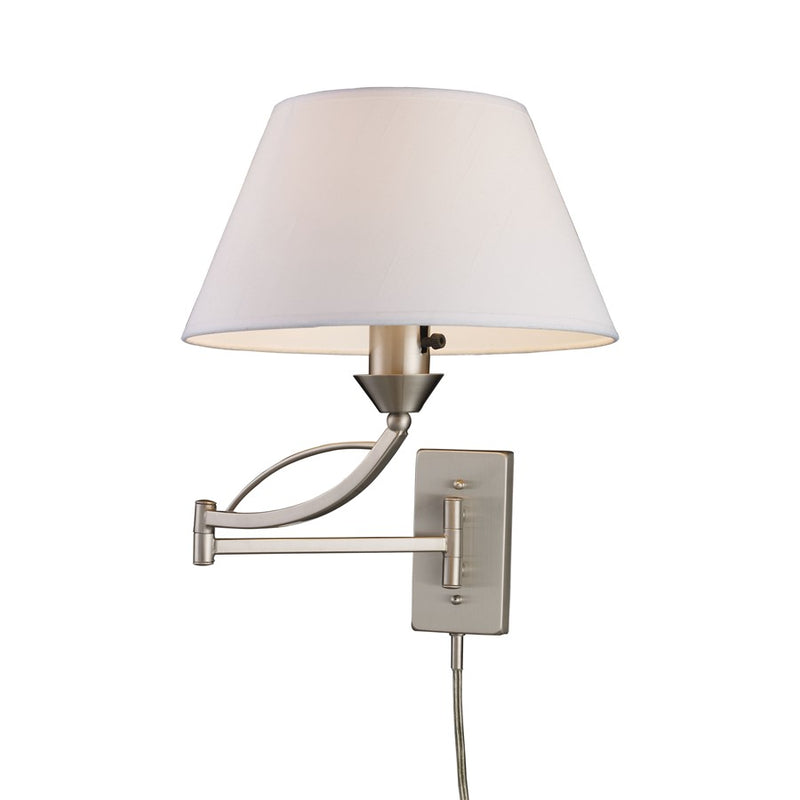 Atlas Lighting Elysburg 17in 1-Light Wall Sconce | Transitional Satin Nickel and White Fabric Shade | Bedroom & Hallway | Model WL11067-NK