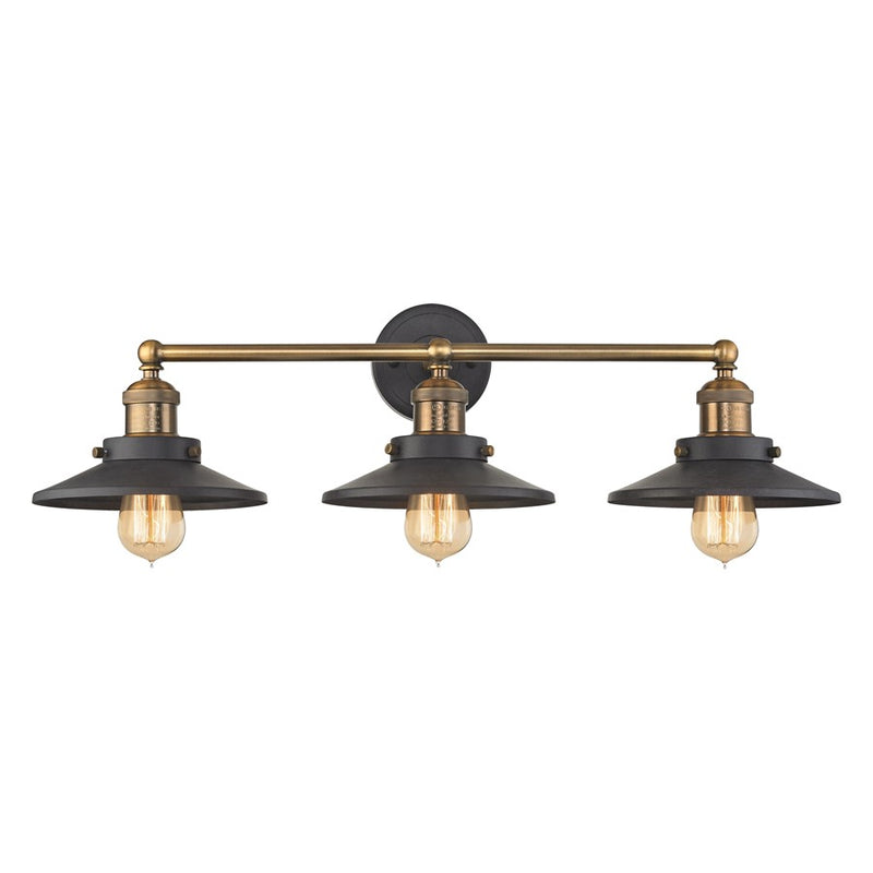 Atlas Lighting English Pub 28in 3-Light Vanity Light | Transitional Graphite and Antique Brass with Black Metal Shades | Bathroom | Model WL11296-BK