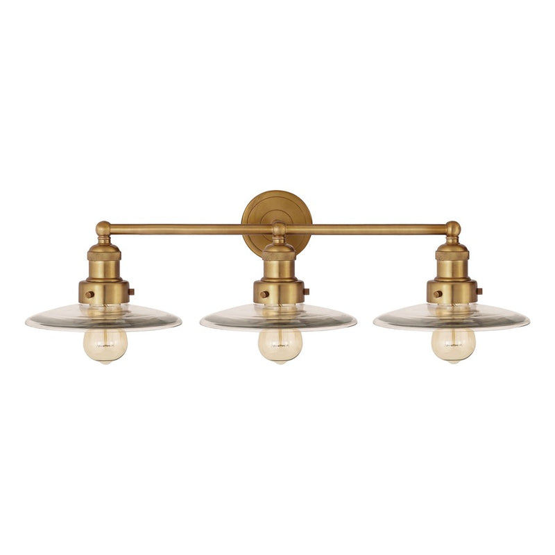 Atlas Lighting English Pub 28in 3-Light Vanity Light | Traditional Satin Brass and Clear Glass Shades | Bathroom Vanity | Model WL11296-BS