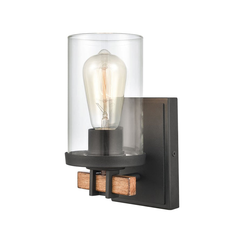 Atlas Lighting Holdfast 9in 1-Light Wall Sconce | Transitional Charcoal and Beechwood with Clear Glass | Bathroom Vanity | Model WL11329-BK2